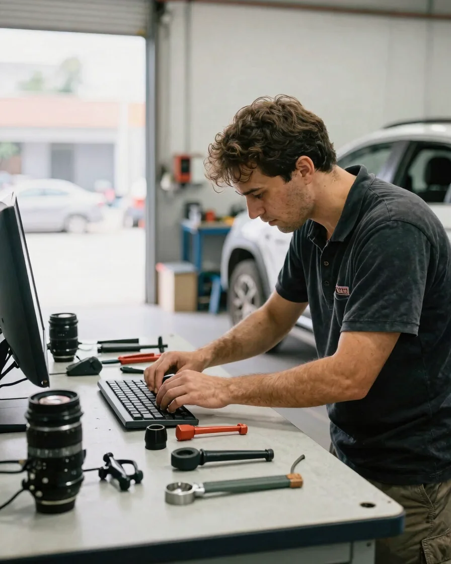 Honest automotive service photography: a technician reviewing a v