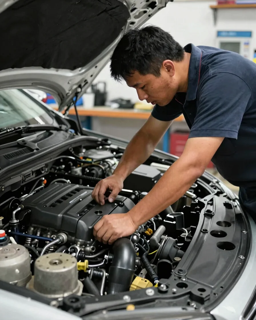 Honest automotive service photography: a mechanic carefully inspe
